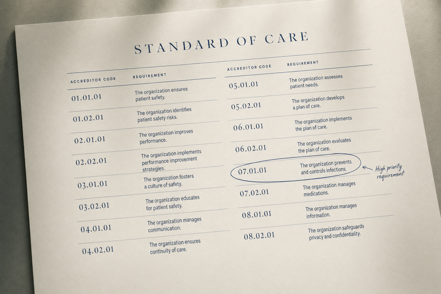 Editorial illustration of a multi-year accreditation cycle drawn as a ledger arc with three binding markers and tabular oldstyle figures between them.