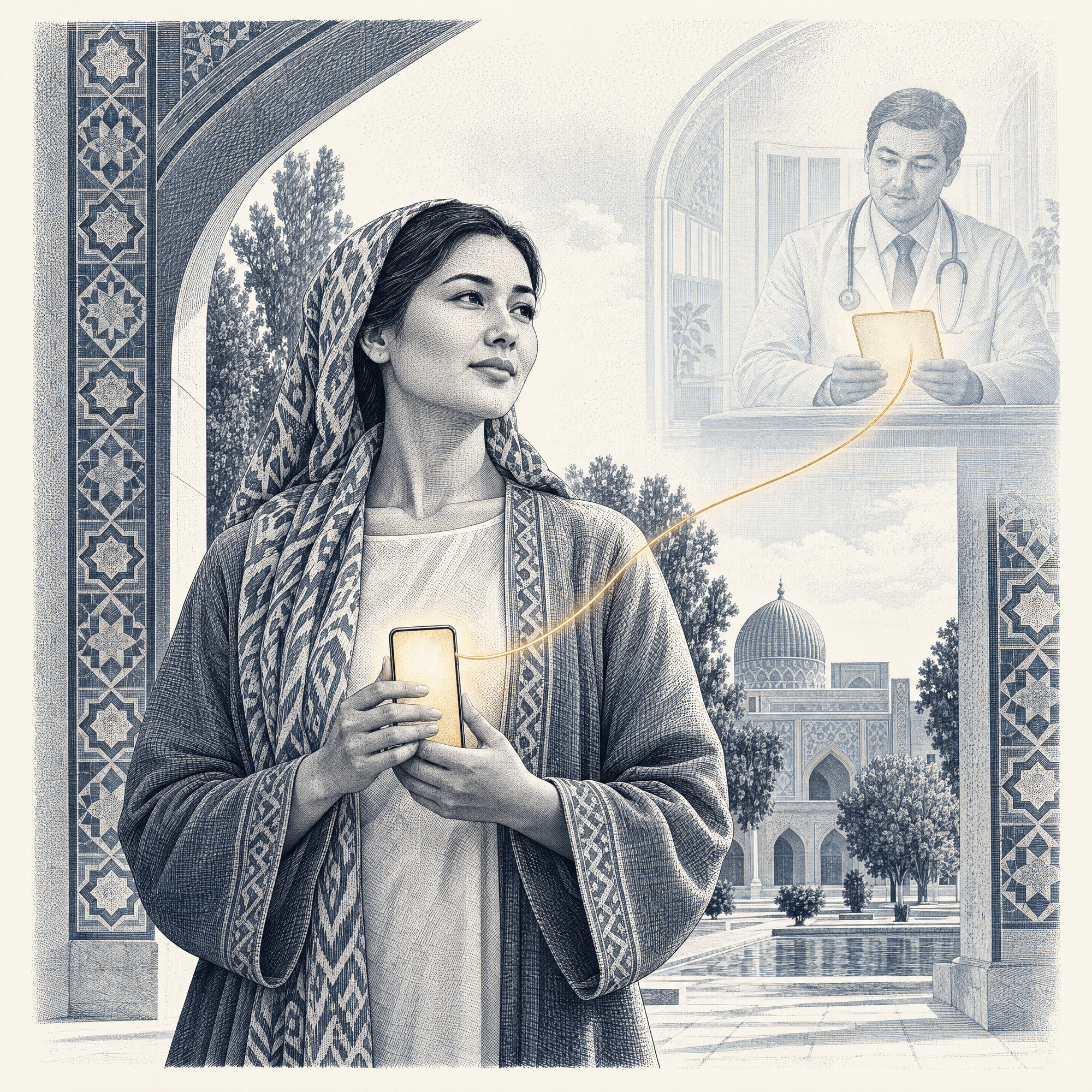 Editorial engraving of a patient standing in a sunlit courtyard, holding a phone with a glowing blank screen, a doctor faintly mirrored above holding the same glowing record, one gold thread connecting the two.
