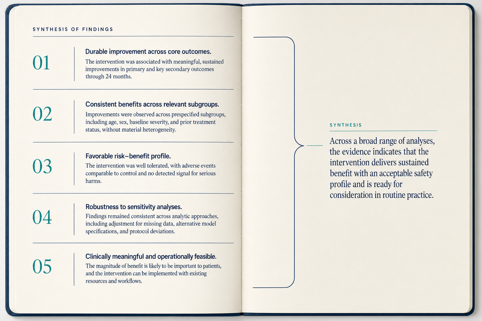 Editorial synthesis spread with a hairline pipeline diagram running from clinical systems on the left through a labeled compliance evaluation node to a tabular pattern register on the right.